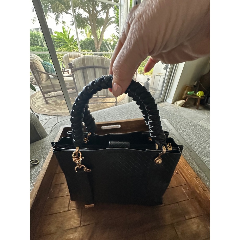 ALDO Gloadithh Black Woven Faux Leather Tote Bag Gold Hardware Top Handle Purse